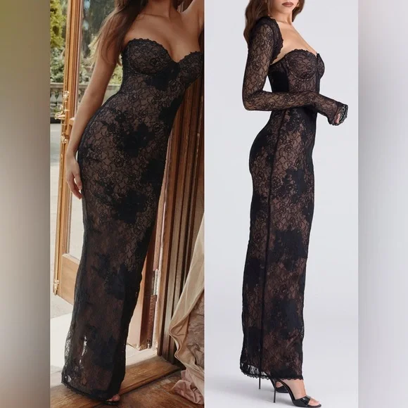 NEW House Of Cb Lucienne Strapless Stretch Lace Black Gown Sz XS